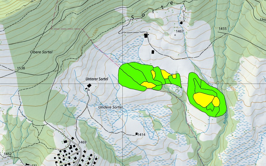 swisstopo national map showing the protected perimeter of Sortel (Raised bog)