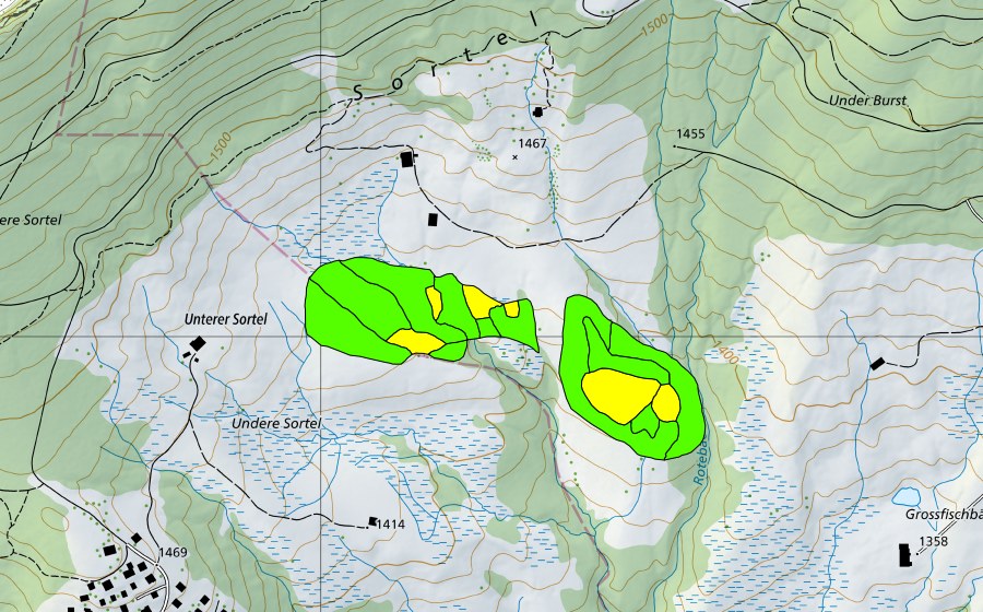 swisstopo national map showing the protected perimeter of Sortel (Raised bog)