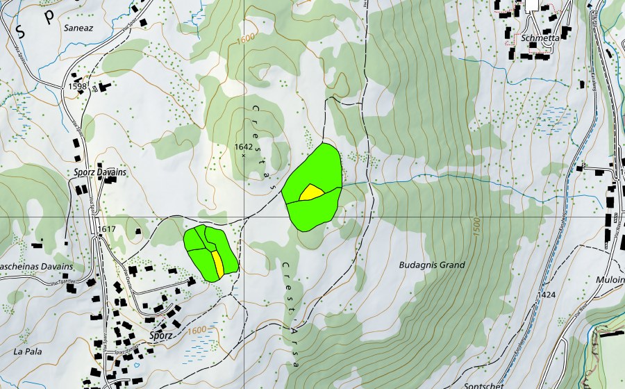 Carte nationale swisstopo avec le périmètre protégé de Sporz Davains (Haut-marais)