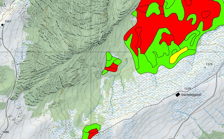 swisstopo national map showing the protected perimeter of Stächelegg/Ghack (Raised bog)