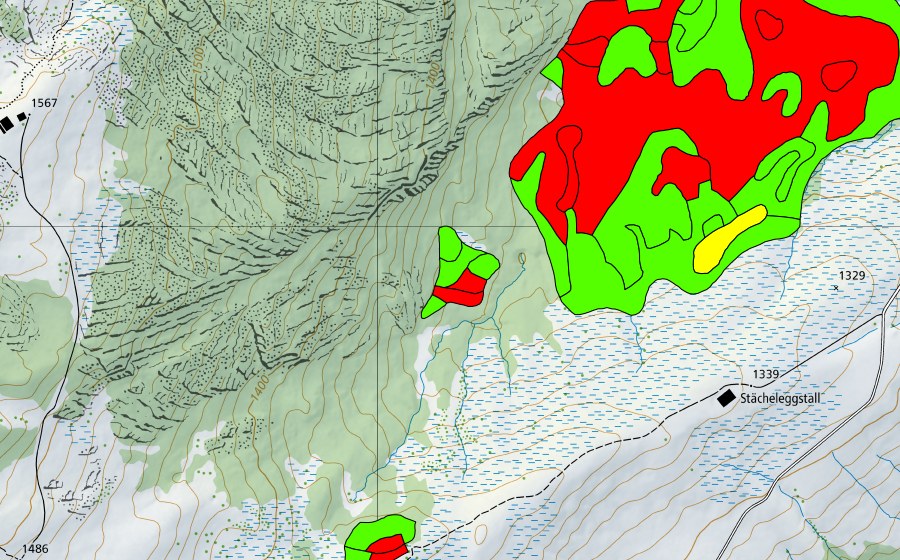 Landeskarte swisstopo mit dem Schutzperimeter von Stächelegg/Ghack (Hochmoor)