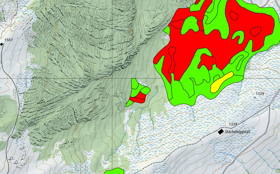 swisstopo national map showing the protected perimeter of Stächelegg/Ghack (Raised bog)