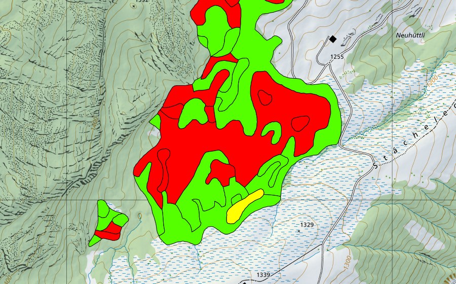swisstopo national map showing the protected perimeter of Stächelegg/Ghack (Raised bog)