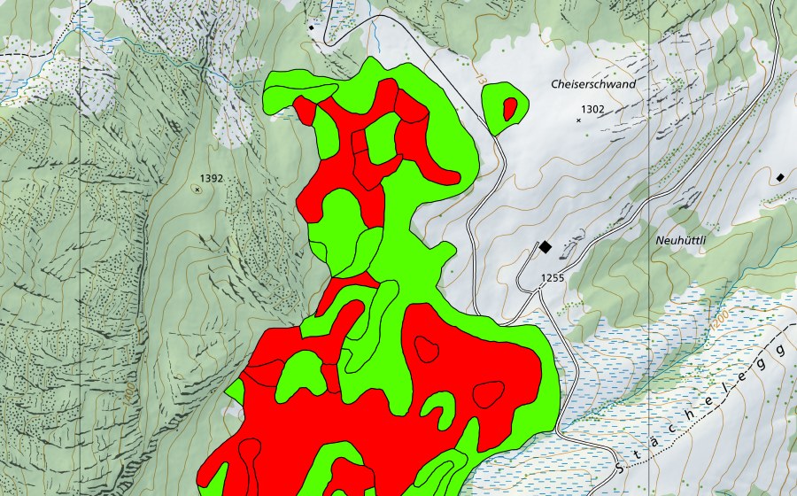 Carte nationale swisstopo avec le périmètre protégé de Stächelegg/Ghack (Haut-marais)