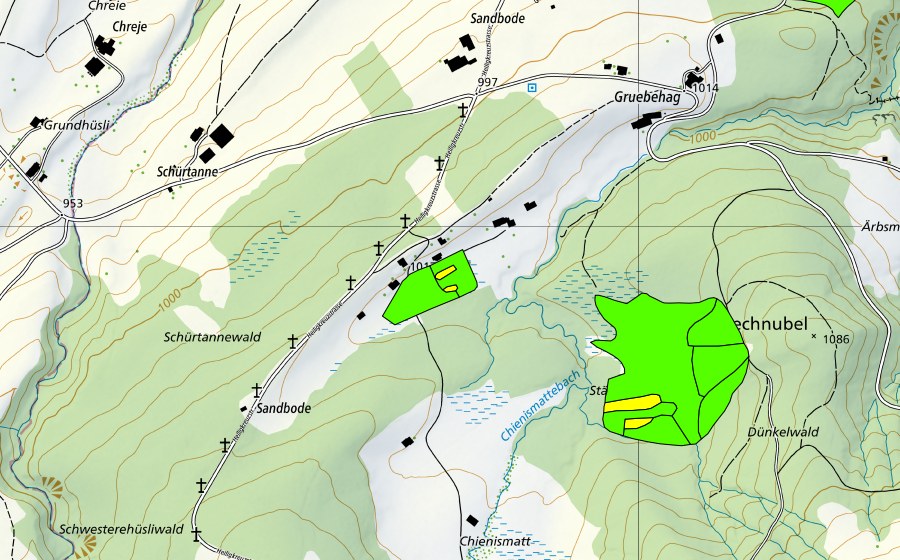Carte nationale swisstopo avec le périmètre protégé de Stächtenmösli (Haut-marais)