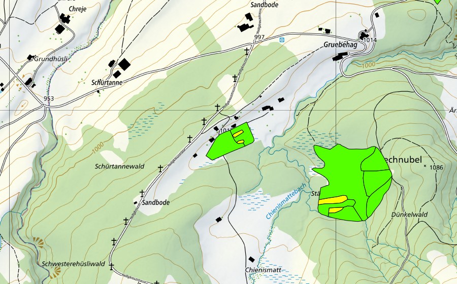 swisstopo national map showing the protected perimeter of Stächtenmösli (Raised bog)