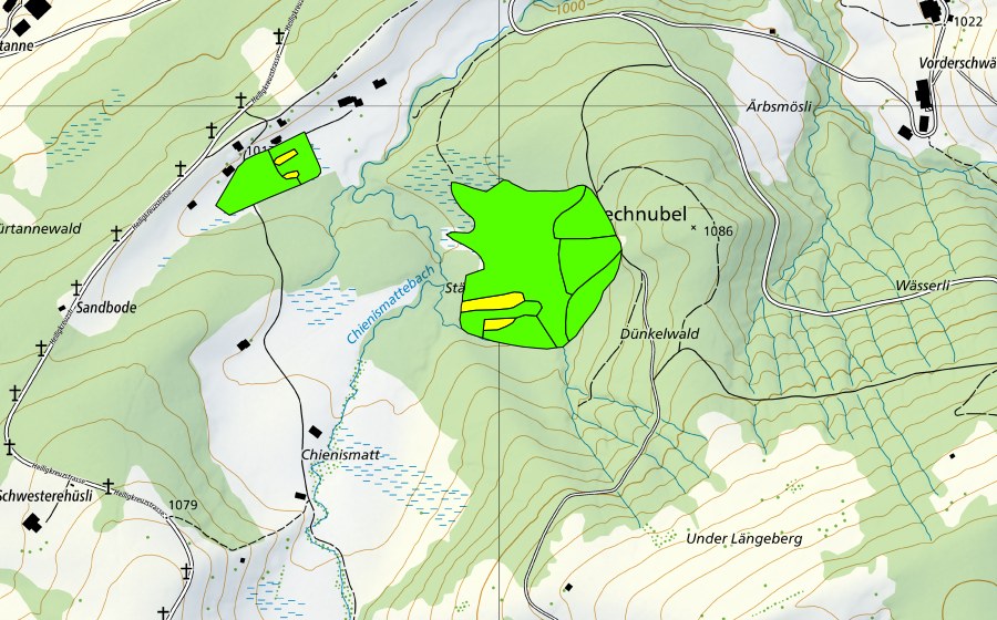 Carte nationale swisstopo avec le périmètre protégé de Stächtenmösli (Haut-marais)