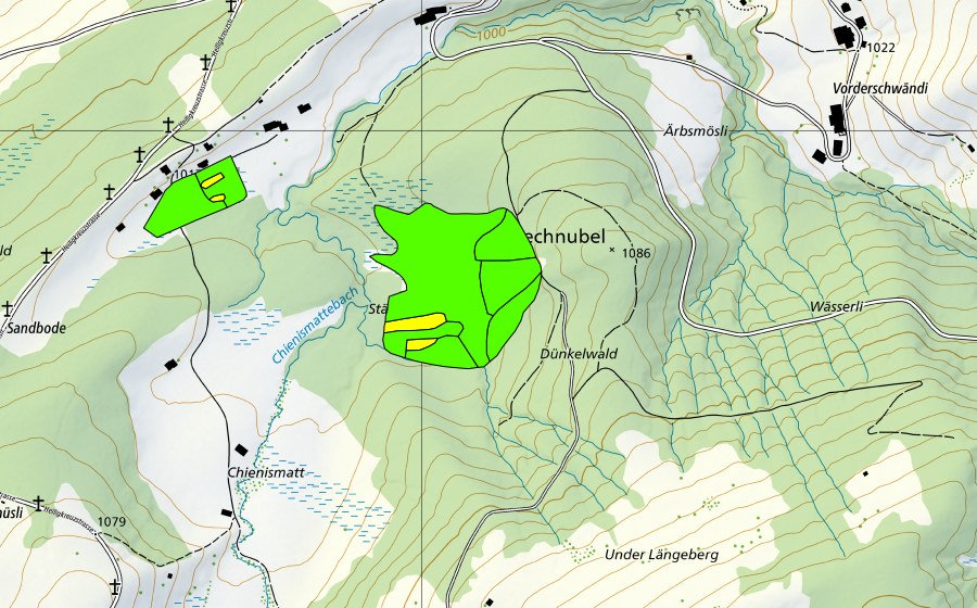 Carte nationale swisstopo avec le périmètre protégé de Stächtenmösli (Haut-marais)