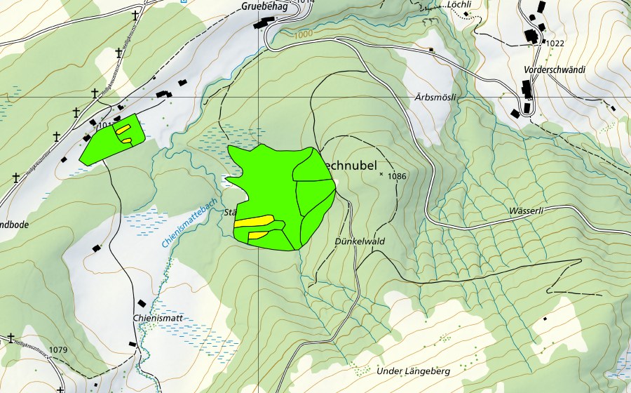 Carte nationale swisstopo avec le périmètre protégé de Stächtenmösli (Haut-marais)