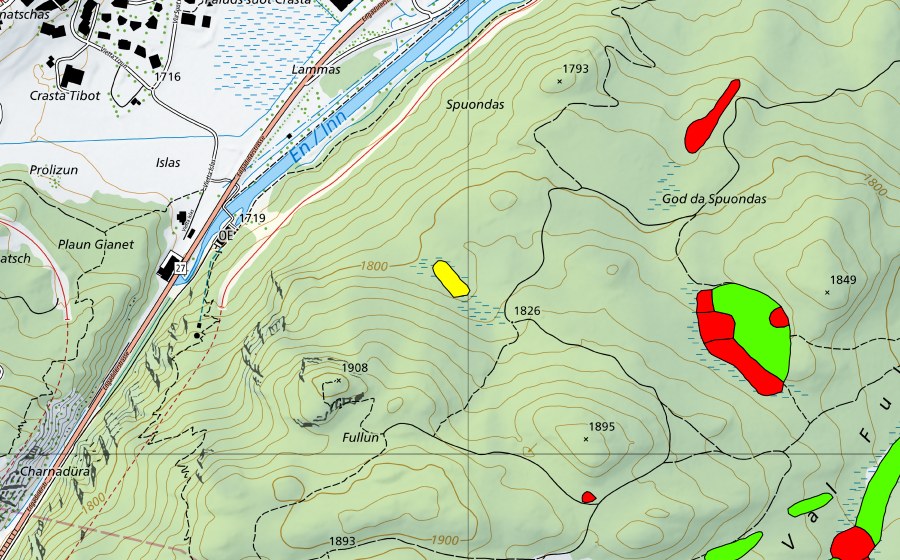 swisstopo national map showing the protected perimeter of Stazer Wald (Raised bog)