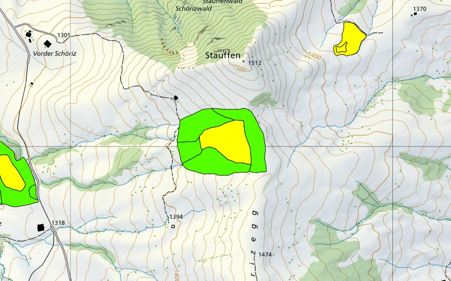 Carte nationale swisstopo avec le périmètre protégé de Stouffe/Pfidertschegg (Haut-marais)