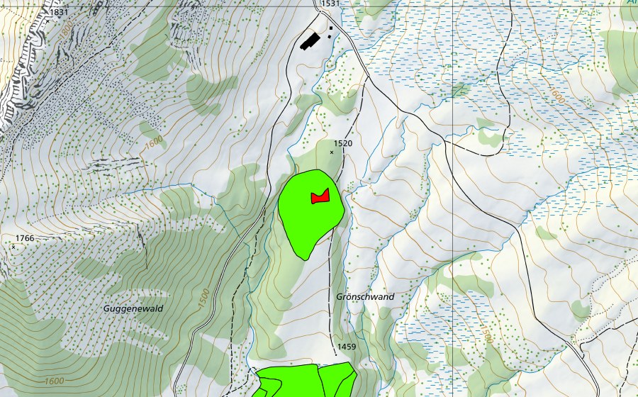 Carte nationale swisstopo avec le périmètre protégé de Südlich Grön (Haut-marais)