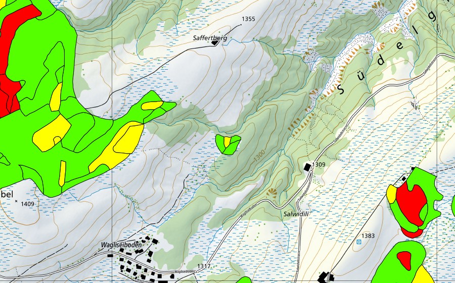 Carte nationale swisstopo avec le périmètre protégé de Südlich Ober Saffertberg (Haut-marais)