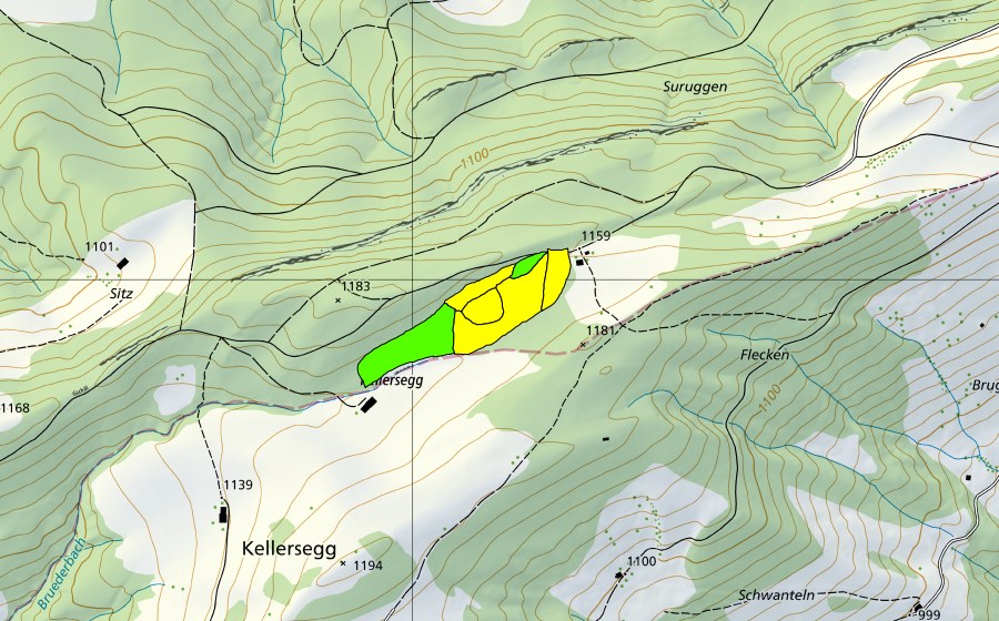 Carte nationale swisstopo avec le périmètre protégé de Suruggen/Chellersegg (Haut-marais)