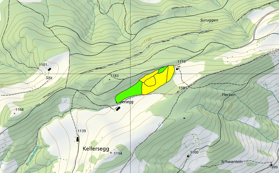 Carte nationale swisstopo avec le périmètre protégé de Suruggen/Chellersegg (Haut-marais)