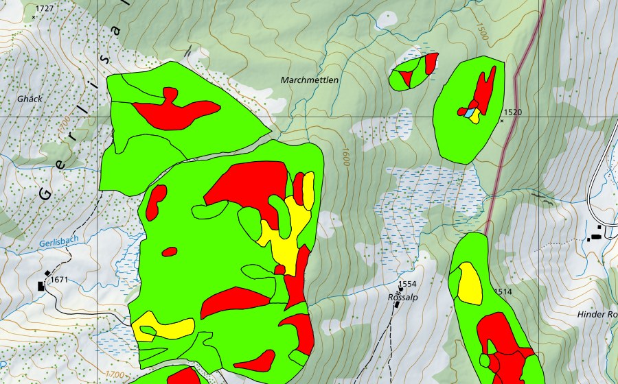 Carte nationale swisstopo avec le périmètre protégé de Talhubel/Siterenmoos (Haut-marais)