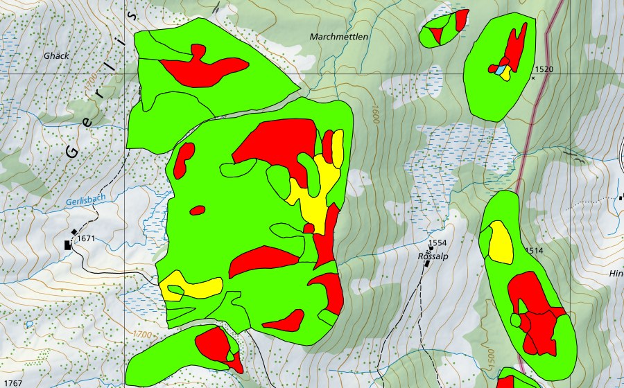 swisstopo national map showing the protected perimeter of Talhubel/Siterenmoos (Raised bog)