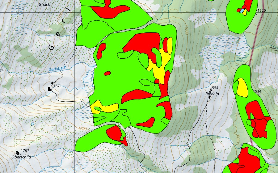Landeskarte swisstopo mit dem Schutzperimeter von Talhubel/Siterenmoos (Hochmoor)
