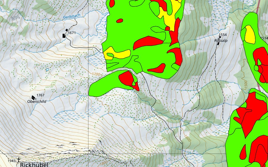 Carte nationale swisstopo avec le périmètre protégé de Talhubel/Siterenmoos (Haut-marais)
