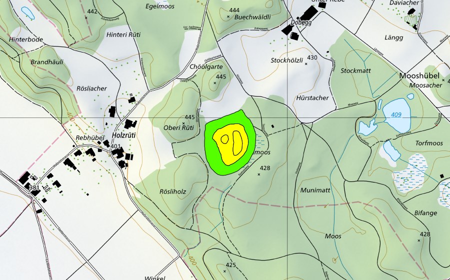 swisstopo national map showing the protected perimeter of Taumoos (Raised bog)
