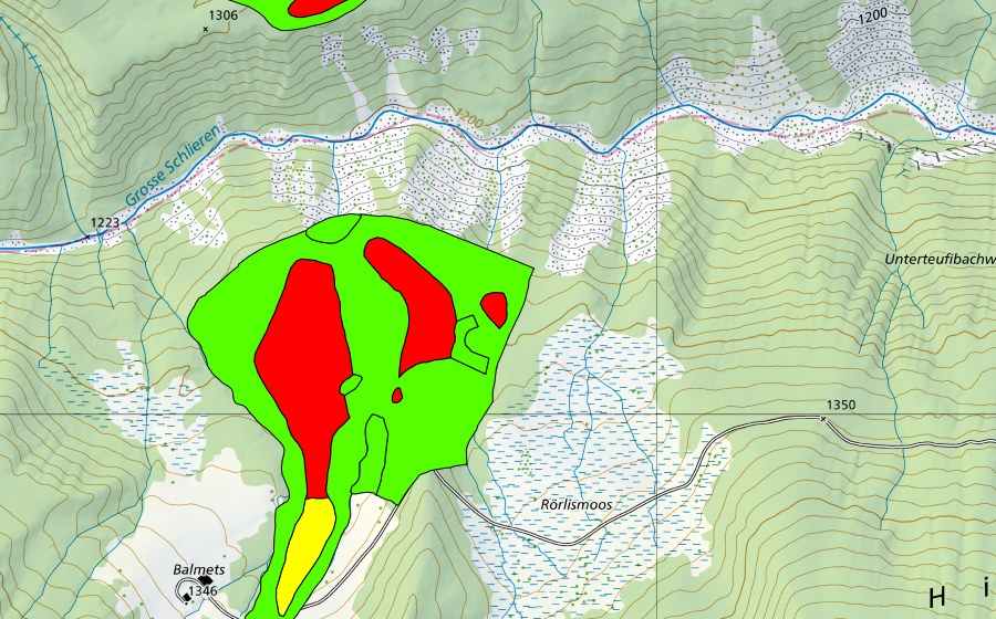 Carte nationale swisstopo avec le périmètre protégé de Teilenboden (Haut-marais)