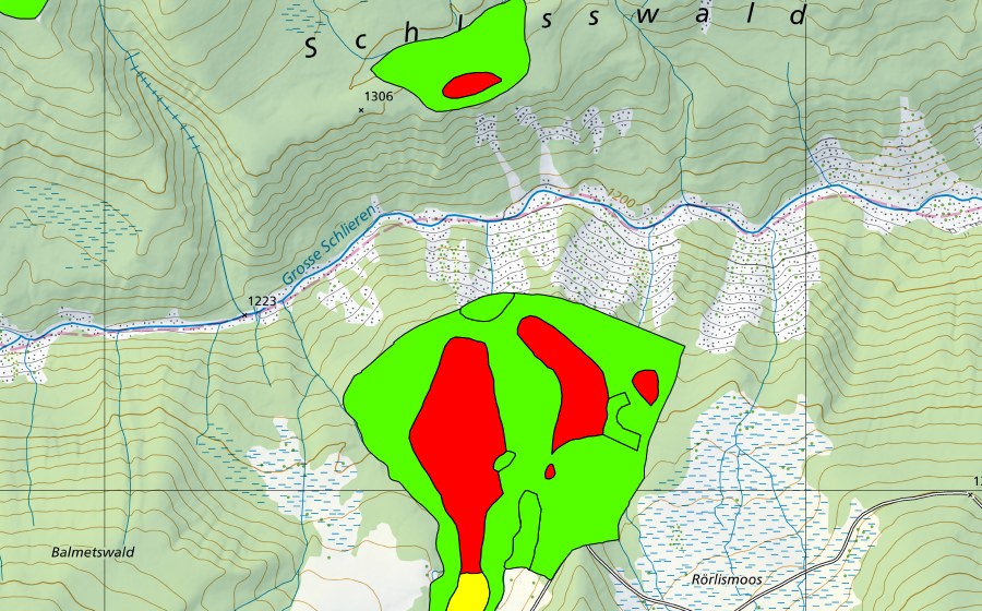 Carte nationale swisstopo avec le périmètre protégé de Teilenboden (Haut-marais)