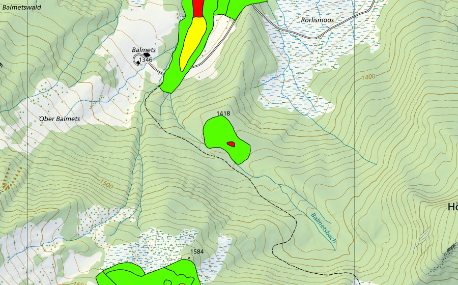 Carte nationale swisstopo avec le périmètre protégé de Teilenboden (Haut-marais)