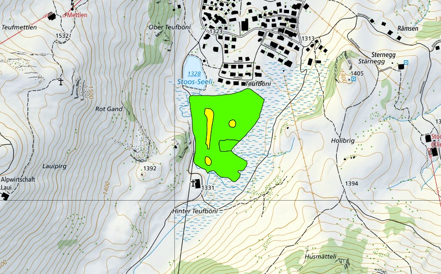 Landeskarte swisstopo mit dem Schutzperimeter von Teufböni (Hochmoor)
