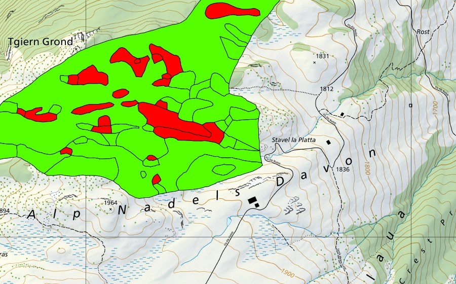 swisstopo national map showing the protected perimeter of Tgiern Grond (Raised bog)