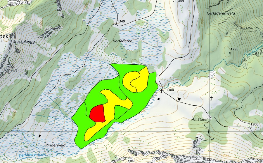 Carte nationale swisstopo avec le périmètre protégé de Tierfäderen (Haut-marais)