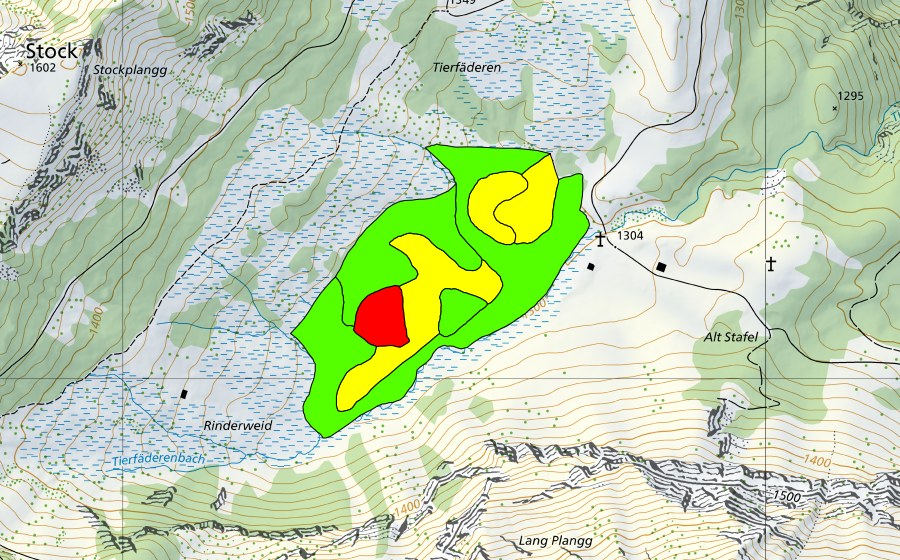 Carte nationale swisstopo avec le périmètre protégé de Tierfäderen (Haut-marais)