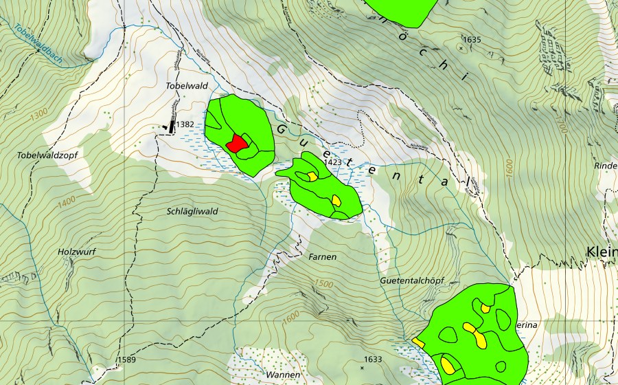 Carte nationale swisstopo avec le périmètre protégé de Tobelwald/Guetental (Haut-marais)
