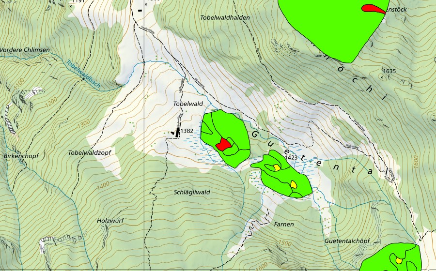 Carte nationale swisstopo avec le périmètre protégé de Tobelwald/Guetental (Haut-marais)