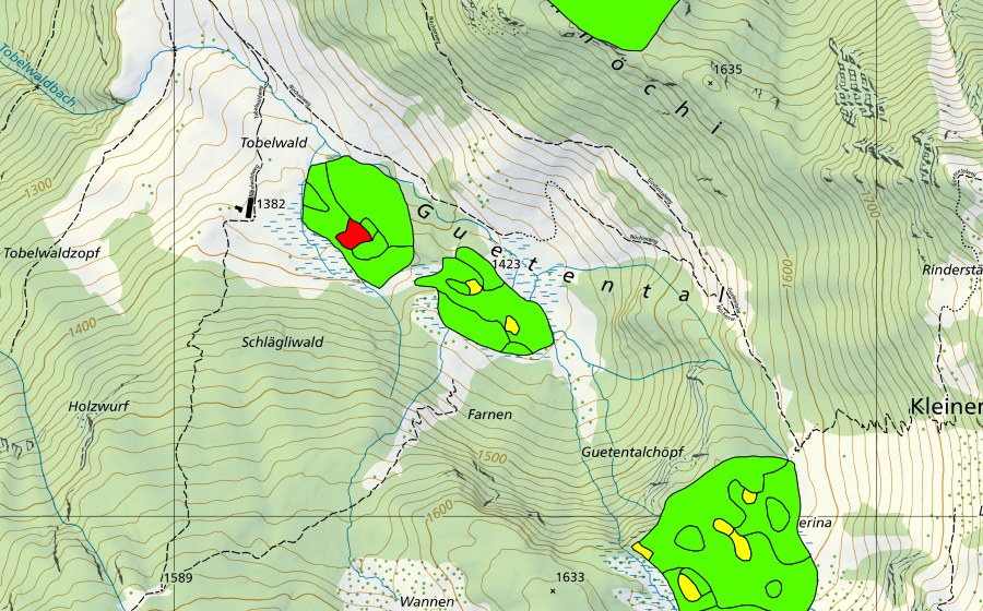 Carte nationale swisstopo avec le périmètre protégé de Tobelwald/Guetental (Haut-marais)