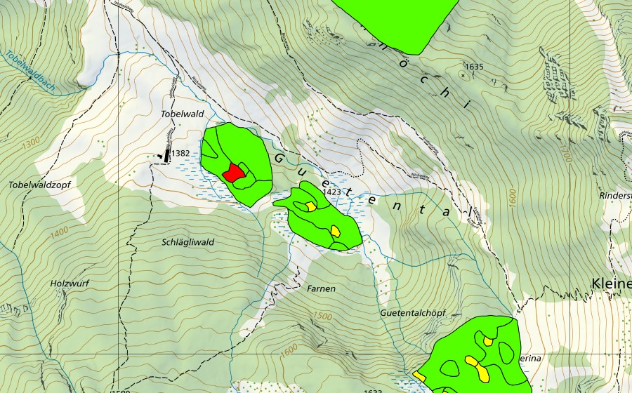 swisstopo national map showing the protected perimeter of Tobelwald/Guetental (Raised bog)