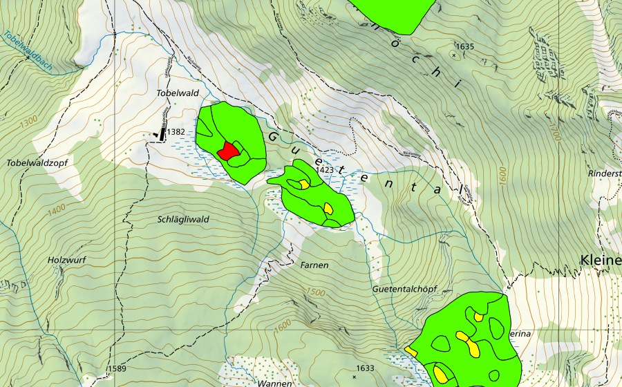 swisstopo national map showing the protected perimeter of Tobelwald/Guetental (Raised bog)