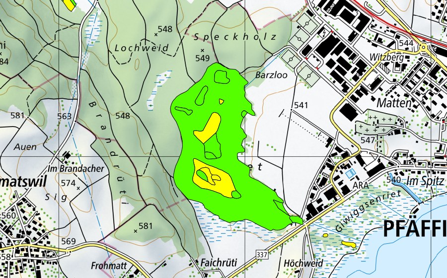 Carte nationale swisstopo avec le périmètre protégé de Torfriet (Haut-marais)