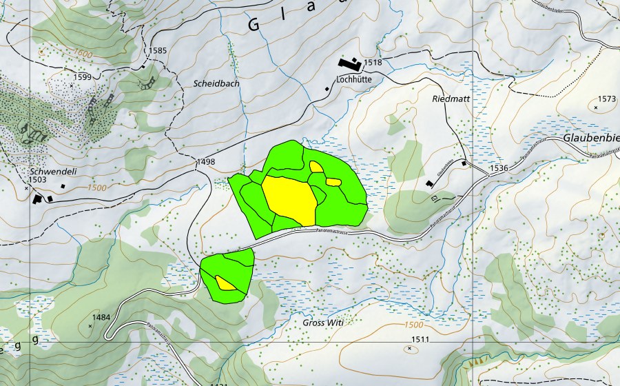 Carte nationale swisstopo avec le périmètre protégé de Totmoos (Haut-marais)