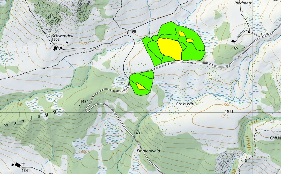 Carte nationale swisstopo avec le périmètre protégé de Totmoos (Haut-marais)