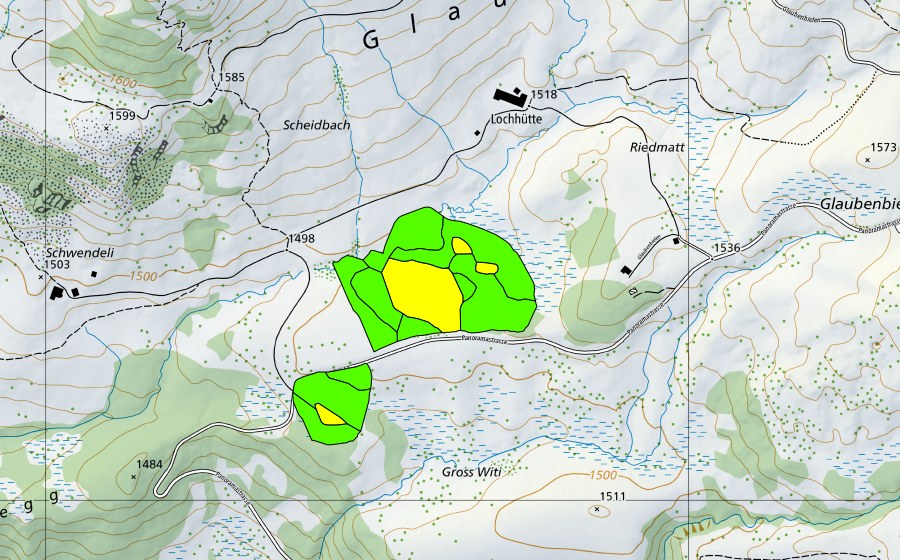 Carte nationale swisstopo avec le périmètre protégé de Totmoos (Haut-marais)