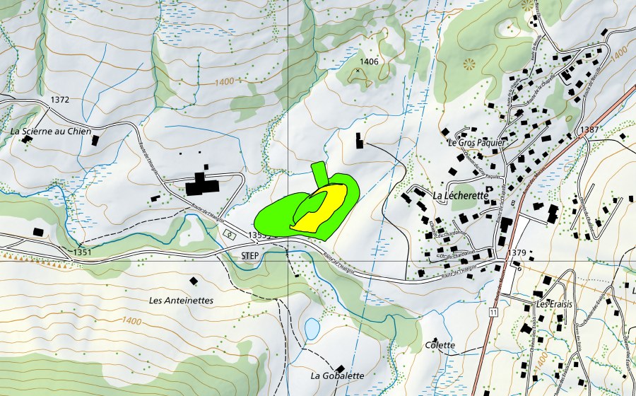 Landeskarte swisstopo mit dem Schutzperimeter von Tourbière à l'est de la Lécherette (Hochmoor)