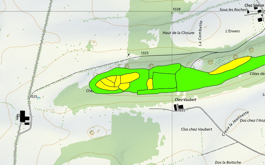 swisstopo national map showing the protected perimeter of Tourbière à l'ouest de Prédame (Raised bog)