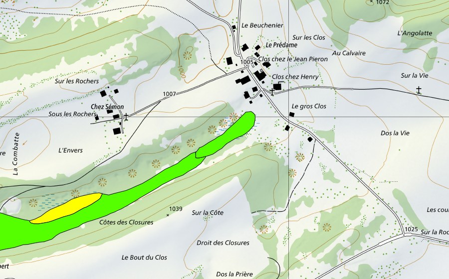 Carte nationale swisstopo avec le périmètre protégé de Tourbière à l'ouest de Prédame (Haut-marais)