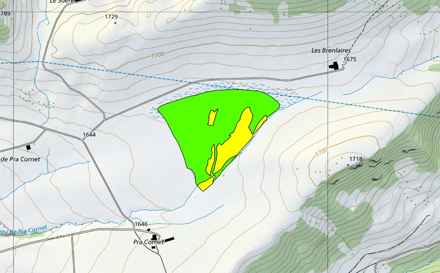 Landeskarte swisstopo mit dem Schutzperimeter von Tourbière de Pra Cornet (Hochmoor)