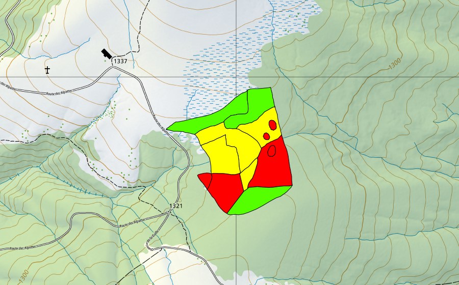 swisstopo national map showing the protected perimeter of Tourbière des Alpettes (Raised bog)