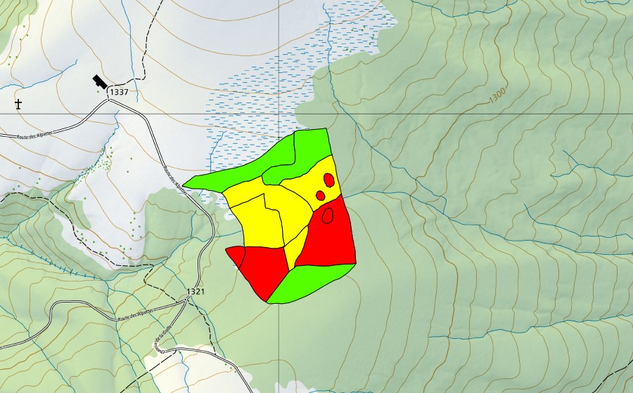 swisstopo national map showing the protected perimeter of Tourbière des Alpettes (Raised bog)