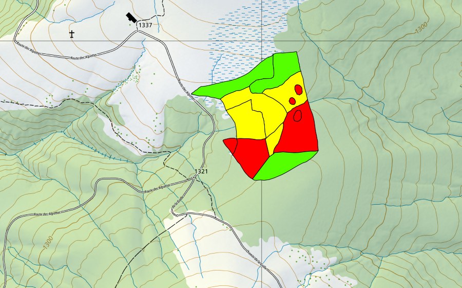 swisstopo national map showing the protected perimeter of Tourbière des Alpettes (Raised bog)