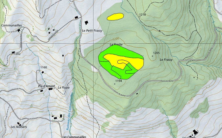 Landeskarte swisstopo mit dem Schutzperimeter von Tourbières dans la forêt du Frachy (Hochmoor)