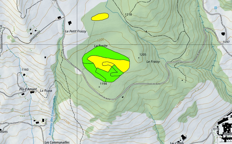 Landeskarte swisstopo mit dem Schutzperimeter von Tourbières dans la forêt du Frachy (Hochmoor)