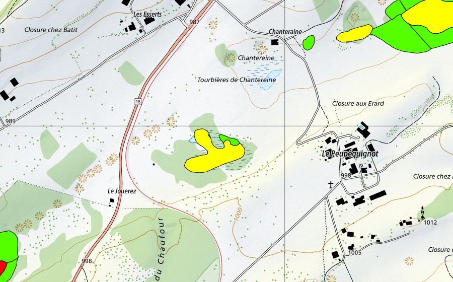 Carte nationale swisstopo avec le périmètre protégé de Tourbières de Chanteraine (Haut-marais)